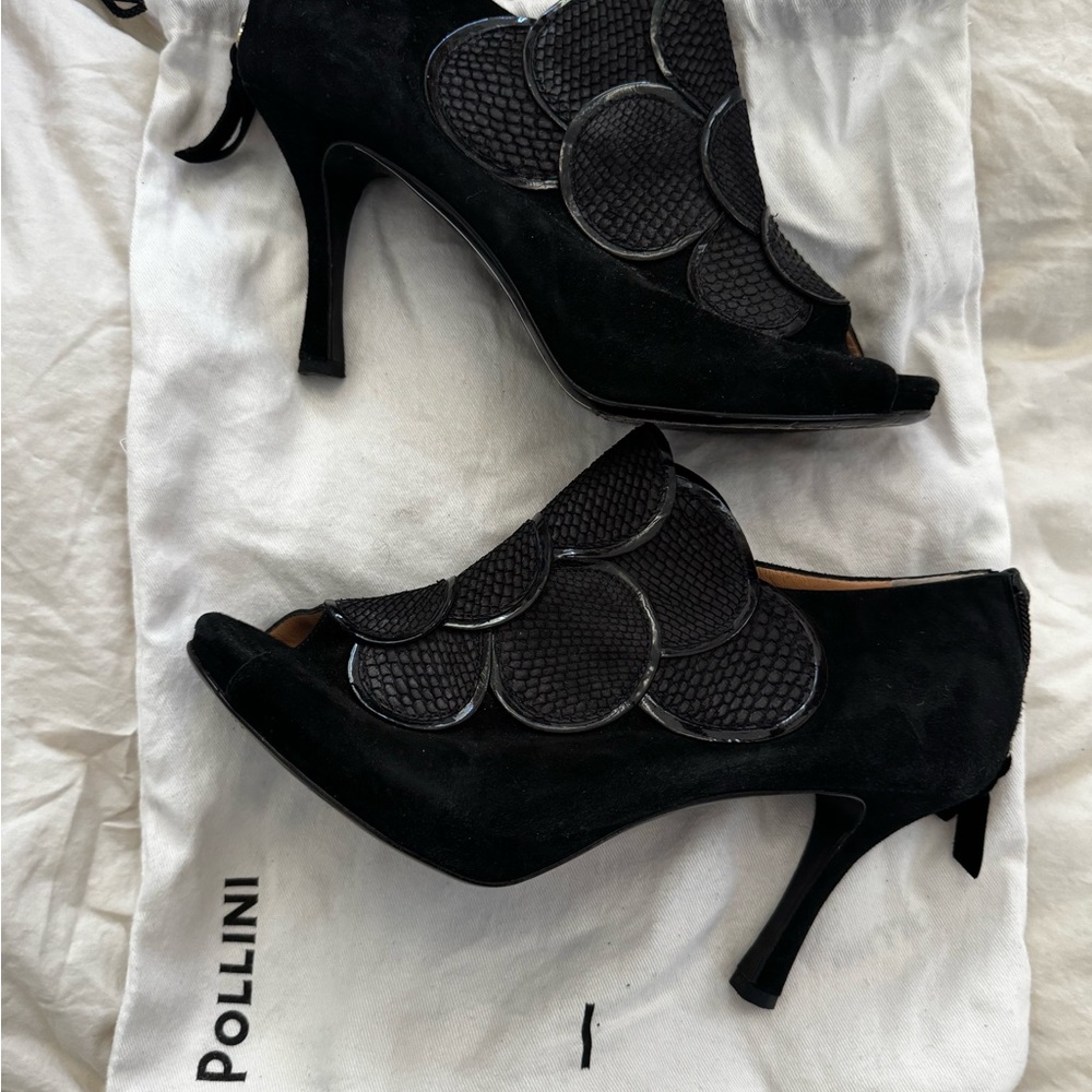 Pollini Black Textured Peep-Toe Heels